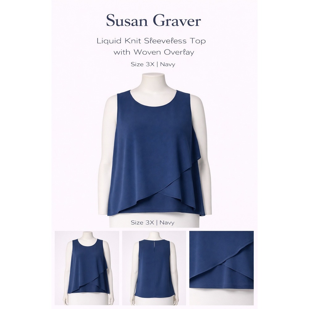 Susan Graver Liquid Knit Sleeveless Top Woven Overlay Navy‎ Blue 3X Asymmetrical